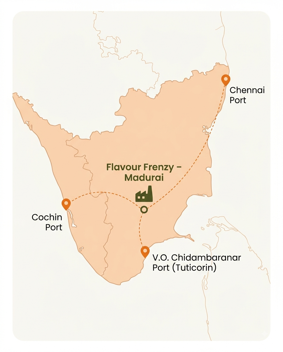 South India logistics map showing Flavour Frenzy Madurai and major export ports